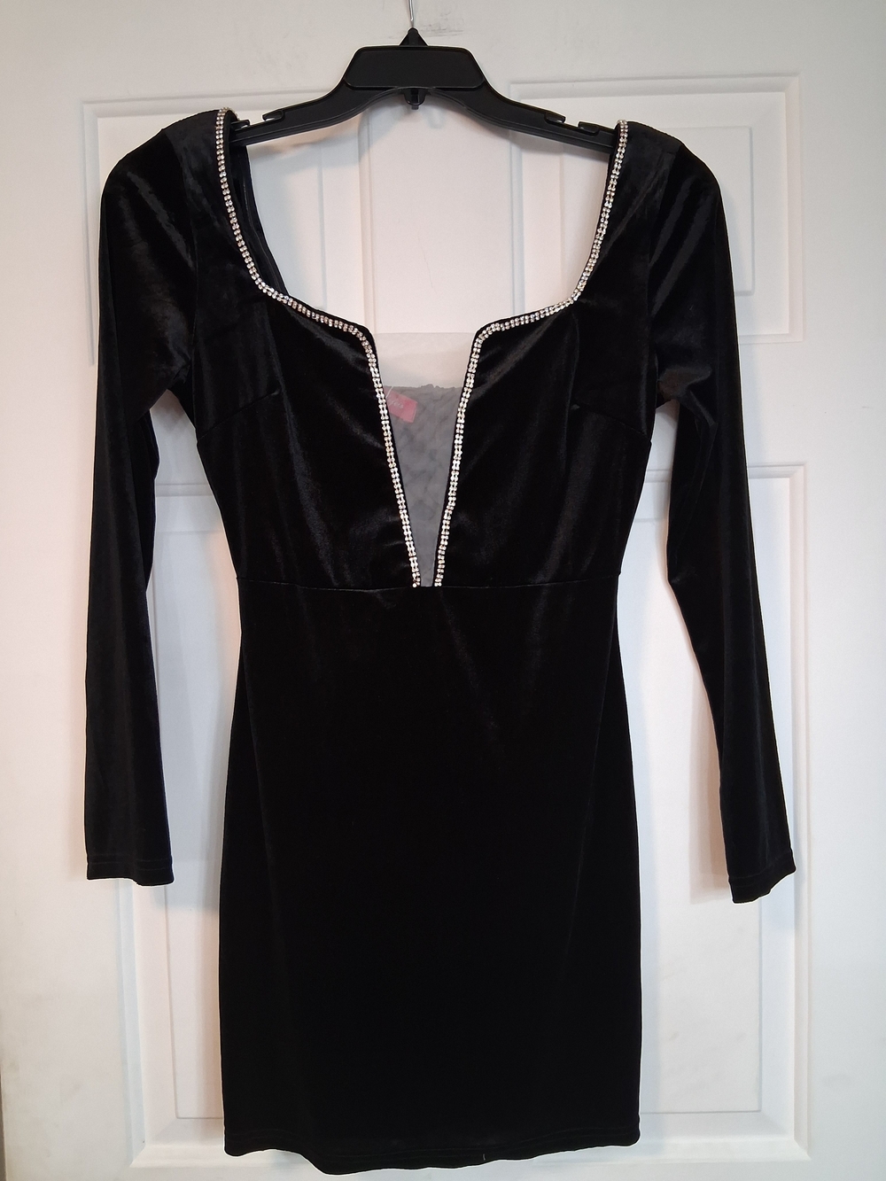 Mundefeis Black Velvet Long-Sleeve Short Mini Dress Rhinestone Trim Large